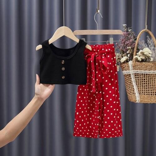 Girls Sets Fashion Suit Vest + Wide Leg Pants Dot Chiffon Pants Thin Summer Capris Two Piece Set
