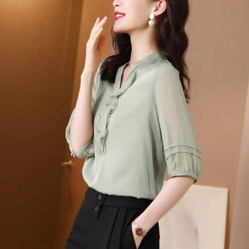 Korean Womens Silk Shirt Half Sleeve Top Womens Green Top Open Collar Top