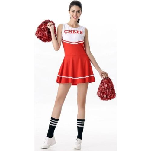 Red Dress+Pompoms Cheerleading Costumes Football Baby Adult High School Cheer Uniform Girl Dancing Show Cheerleader Party