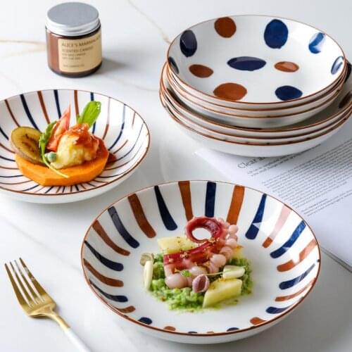 Japanese-Style Round Plates Creative Simple Hand-Painted Home Restaurant Pasta Dessert Breakfast Cereal Tableware Deep Plates