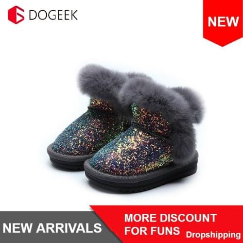 DOGEEK New Childrens Snow Boots Girls Rabbit Fur Kids Boots Baby Cotton Shoes Sequins Winter Warm Fashion Genuine Leather Boots