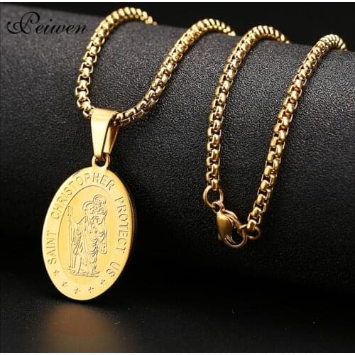 Saint Christopher Protect US Necklace Stainless Steel Jesus Christ Necklaces For Women Men Oval Pendant Jewelry For Christians