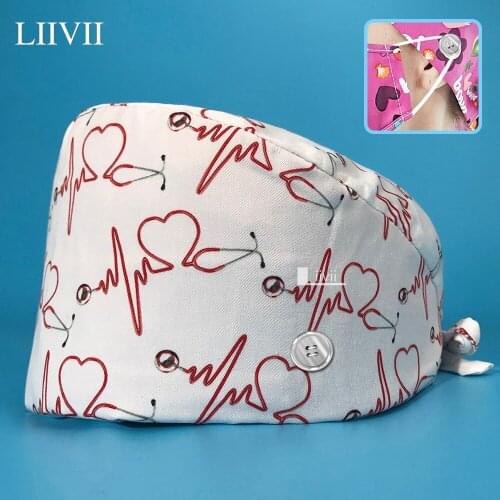 Pet clinic hat nurse quality cotton cartoon print with button breathable surgical scrub hat unisex adjustable wholesale custom