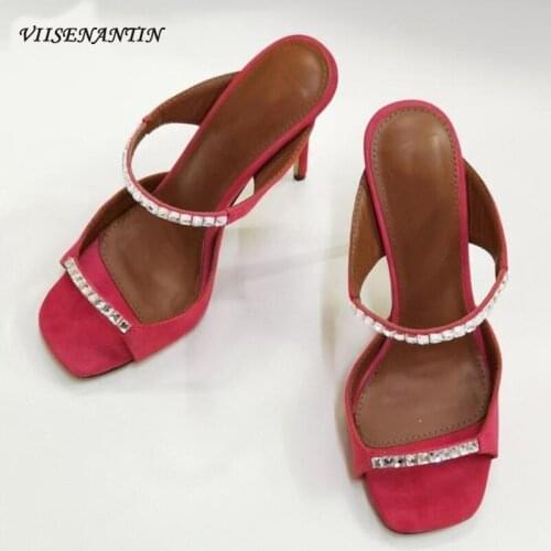 Kid Suede Beading Strap Wedding Women Thin High Heel Party Mules Shoes Crystal Dress Sandals Black Stiletto Slippers Designer