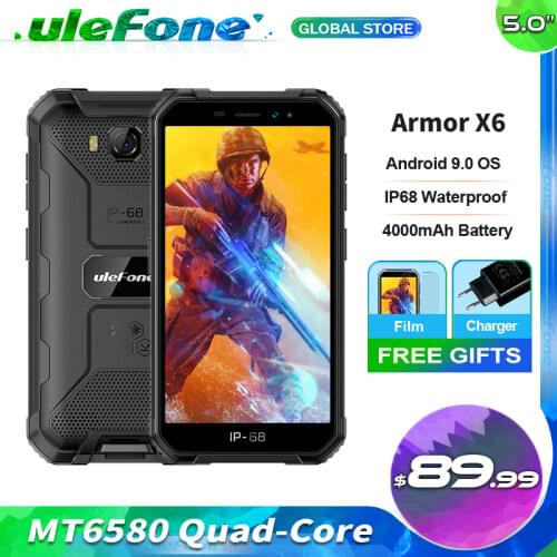 Ulefone Armor X6 IP68 Waterproof Rugged Phone MT6580 Android 9.0 Quad-Core 4000mAh 2GB 16GB 3G Global Network Mobile Phone