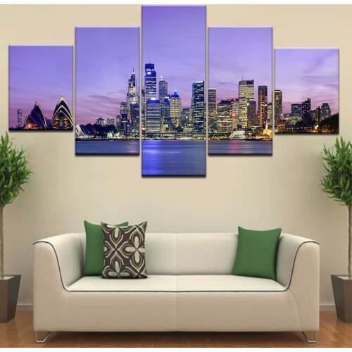The modern city view in purple fashion 5 Panel HD Print wall posters Canvas Art Painting For home living room decoration