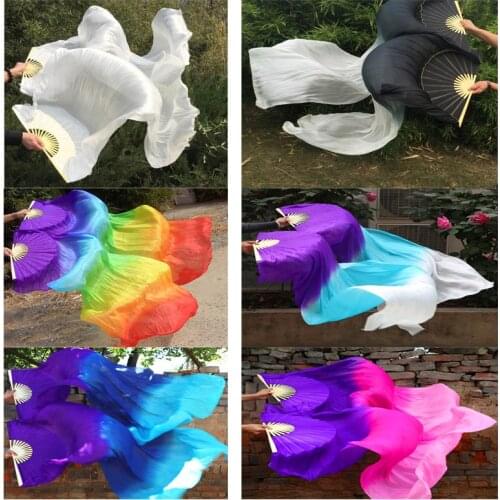 100% Real Silk Fan Veils for Belly Dance Bamboo-Ribs Folding Long Silk Fan 1.8m/2.1m Chinese Hand Made dyed Fan Gradient color