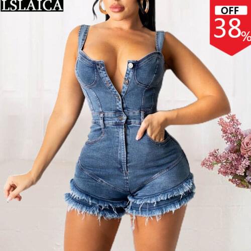 Female Clothing Overalls Jeans Denim Summer Button Pockets Tassel Design Jumpsuit Female 2021 Fashion Casual Slim Sling Romper