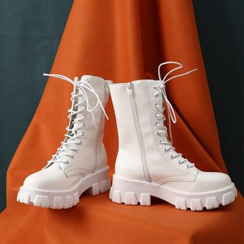 Women Boots Shoes Solid Zip Lace Up Thick Bottom Ladies Platform Round Toe Casual Female Flats Pu Outdoor Summer Fashion 2021