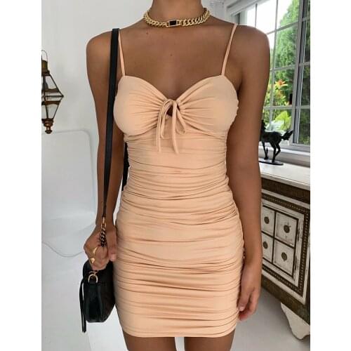 Hirigin Women Summer Braces Dresses Bodycon Solid Color Spaghetti Strap V-Neck Ruffled Tight Dresses for Girls Apricot/Pink
