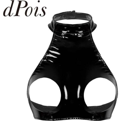 Women Fashion Wet Look Faux Leather Bikini Tops Halter Neck Sleeveless Open Bust Crop Top Black Womens Summer Sexy Tank Tops