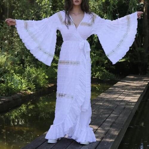 Big New shop of sign V is gotten horn sleeve white hollow out irregular falbala long dress