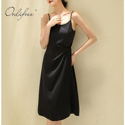 Ordifree 2021 Summer Women Satin Slip Dress Spaghetti Strap Vintage Sleeveless Silk Black Sexy Party Dress