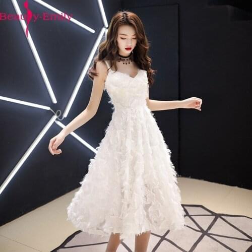 Beauty Emily Elegant V Neck Off the Shoulder Evening Dresses 2020 Sexy Spaghetti Strap White A-line Zipper Back Evening Gown