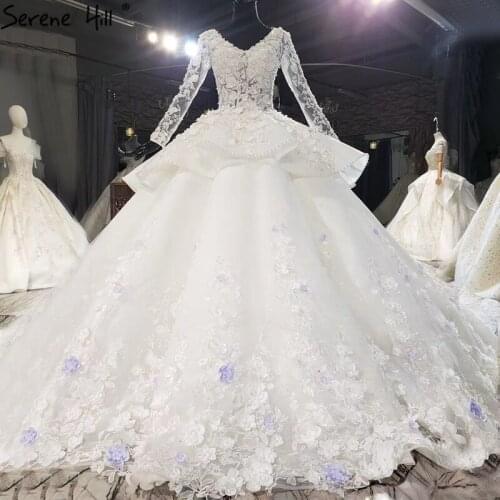 White Handmade Flowers Pearls V-Neck Wedding Dresses 2020 Long Sleeves High-end Bridal Gowns HX0200 Custom Made