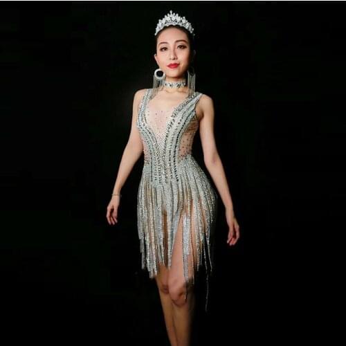 Bling Silver Rhinestones Fringes Bodysuit Birthday Celebrate Costume Female Singer Nude perspective Leotard Stage Dance Wear