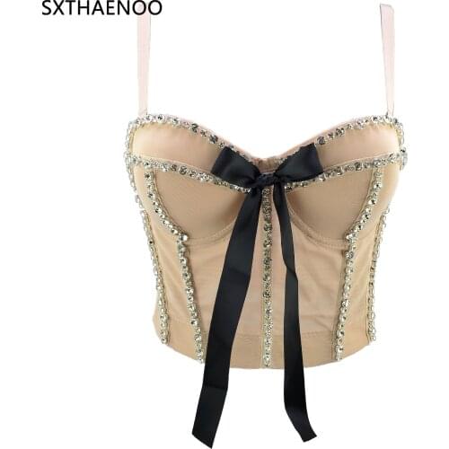 SXTHAENOO Fashion Tops Sexy Beading Rhinestone Bra Push Up Bralet Womens Corset Bustier Bra Night Club Party Cropped Top Vest