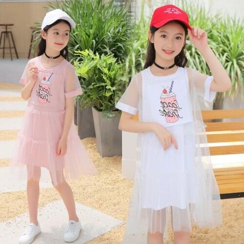 2021 Summer New Fashion Baby Girls Short Sleeve Patch Ice Cream Mesh Net Yarn Party Princess Dress Children Clothes 4 to 14 yrs