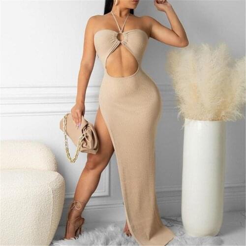 Halter Neck Long Dress Wrapped Chest Slit Fashion Sexy Dress Draped Backless Breathable Women Side Split Evening Party Dress