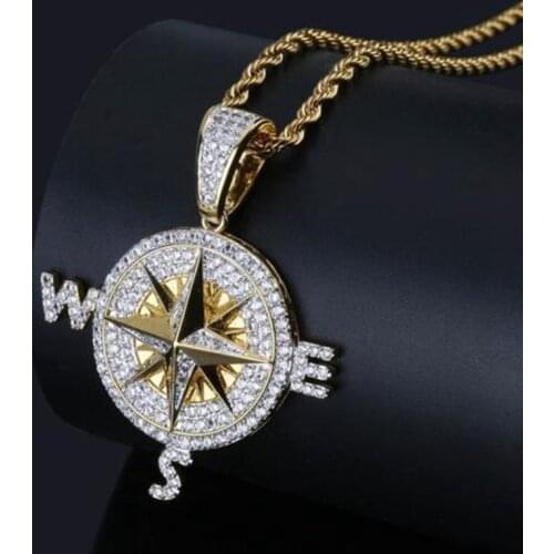 Men Ice Cube Zircon Compass Necklace and Pendant with 4mm Tennis Chain Hip Hop Gift