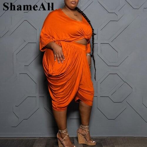 Plus Size Cropped Tops Loose Draped Knee Length 2 Pieces Tracksuits 4XL Streetwear Stacked Capris Pant 2 Piece Set Outfits Suits