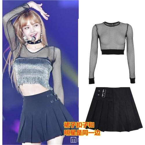 Kpop Korean Celebrity Sexy Sequin Sling Vest Perspective Mesh T-shirts Tops+Black Slim High Waist A-Line Mini Skirts Women Sets