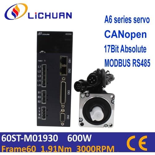 Lichuan servo Absolute encoder 17bit +can open 600W servo motor with driver kit 60ST-M01930 1.91Nm 3000rpm support MODBUS RS485