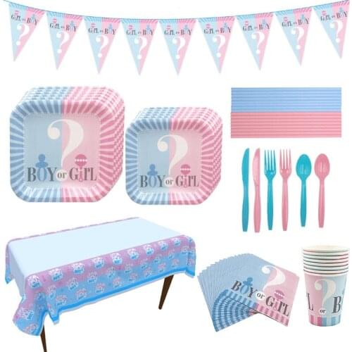Gender Theme Party Tableware Set Disposable Paper Cup Plates Napkin Tablecloth Spoon Banner Decoration Baby Shower Girl Supplies