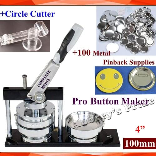 NEW Professional N4 4" 100mm Badge Button Maker Machine + Plastice Adjustable Circle Cutter+100 Sets Metal Pinback Supply
