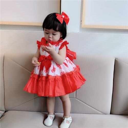 2019 Summer New Arrivals Girls Cotton Quality Wedding Dress Spanish Custom Princess Dress Red Print Bow Dress Christmas Dress
