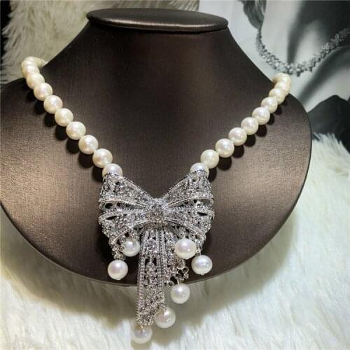Rare Jewelry natural freshwater pearl Hand knotted 9-10mm white bowknot micro inlay zircon necklace 18inch