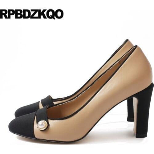 Catwalk Size 33 Genuine Leather Pearl High Heels Shoes Round Toe Strap Medium Women Block Multi Colored Pumps Italian Special