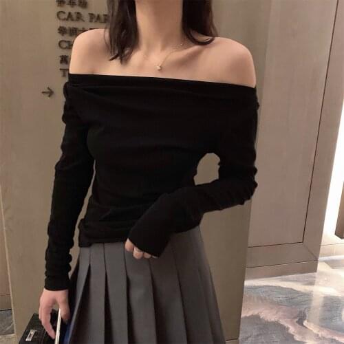 Sexy Sloping Shoulder One-Neck Off-The-Shoulder Top 2021 Spring Leaking Clavicle Bottoming Shirt Women Long-Sleeved T-shirt