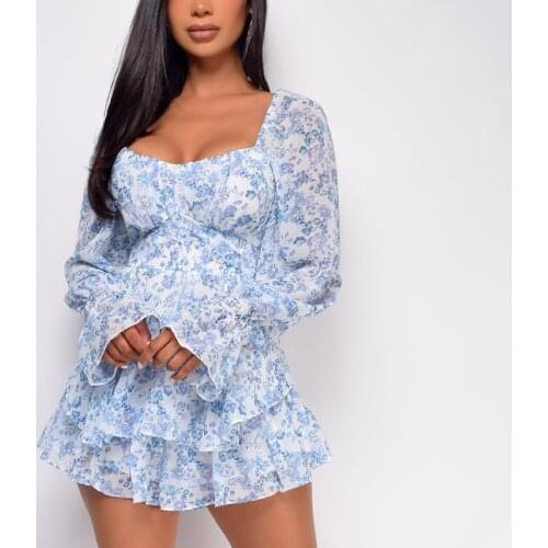 Chiffon Summer Womens Jumpsuit Long Sleeves Lace Up Ruffle Floral Print Romper Female Playsuit 2021 Sweet Square Collar Outfits