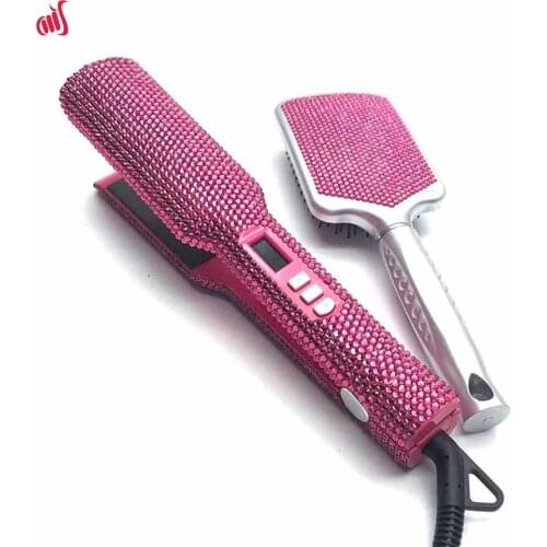 Crystallized Glam Hair Flat Iron and Wig Brush Set 2 Inch Titanium Hair straightener Paddle brush Set Diamond HairTools