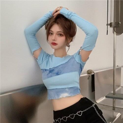 WOMENGAGA Splicing Open Navel Long Sleeve Bright Line T-shirt Spring Womens Slim Frill Edge Tie Dye Tops LMXV