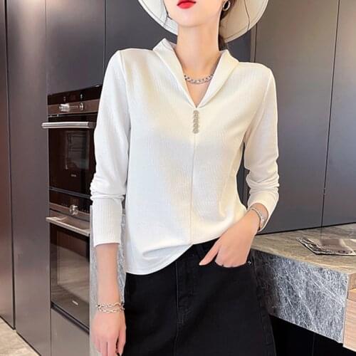 Cotton Black Top Femme 2021 Spring Autumn Solid Button Turn-down Collar Tshirt Women Long Sleeve T Shirt Slim Camisetas De Mujer