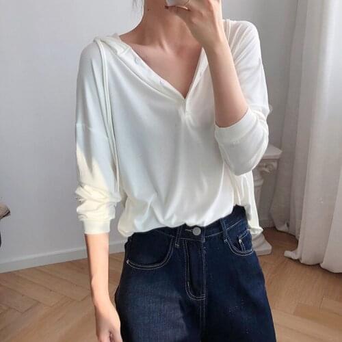 2020 Harajuku Summer Cotton White Hooded Long Sleeve Loose Style T Shirts Tops For Women Blusa