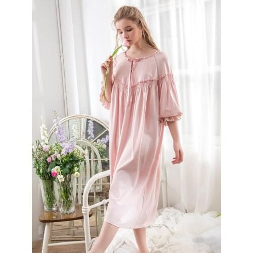 Women Sleepwear Summer Nightie Dress Victorian Romance Novel Vintage Nightgown White Pink