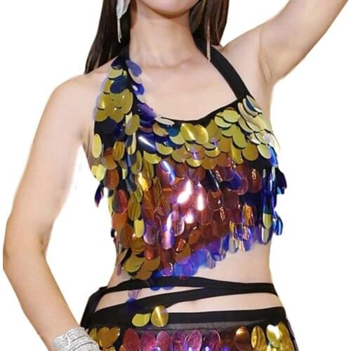 2019 Women Dance Wear Accessories Multicolor Round Sequins Tops B/C cup Halter Belly Dance Bra Shinny Performance