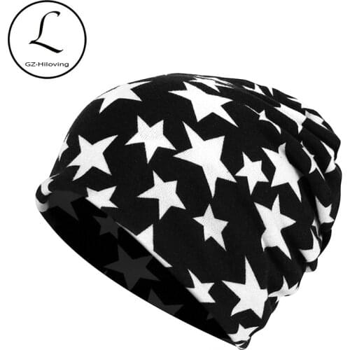 Women Vintage Cotton Star Print Beanies Hats For Men Autumn Spring Thin Ladies Ponytail Beanies Hats Women Scarf Neck Warmer