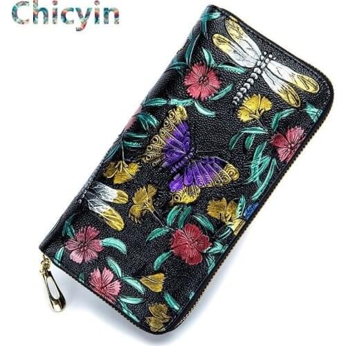 Flower Genuine Leather Women Long Wallet Female Coin Purse Portomonee Walet Lady Clutch Bag Card Holder Woman Phone Pocket