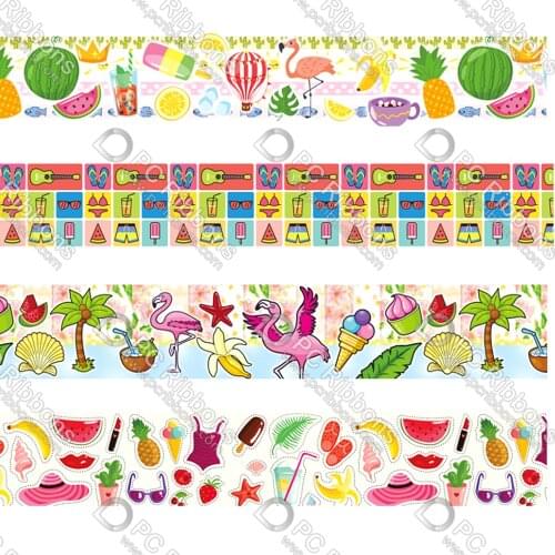 16-75MM Summer Fruit&Flamingo Printed Grosgrain Polyester Ribbon 50 Yards Gift Wrapping Diy Bows Wedding Drections Ribbons
