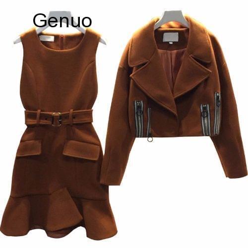 2020 Plus Size Autumn Women Sets Coat And Dress Fashion Female Sets Woolen Jacket Plus Size Womens Suit Dress