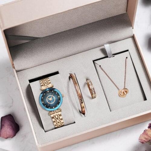 2021 Fashion Elegant Dress Quartz Women Watches Waterproof Luxury Ladies Simple Blue Wristwatch For Girlfriend Gift Set