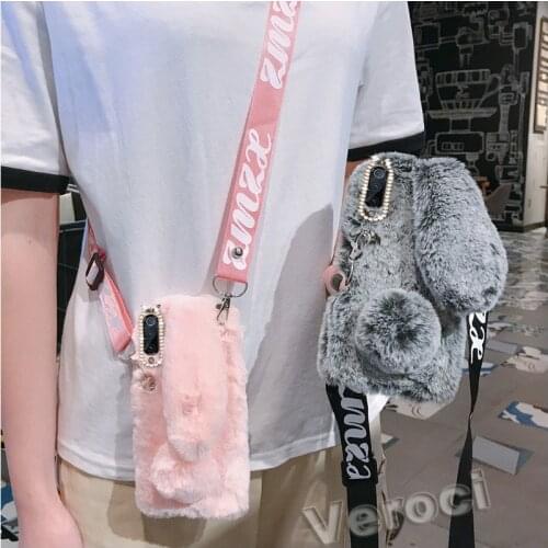3D Rabbit Fur Cases for Xiaomi Redmi Note 10 Pro Max Mi Note 10 Lite 10T Pro 10S Crossbody Necklace Lanyard strap Cord Cover