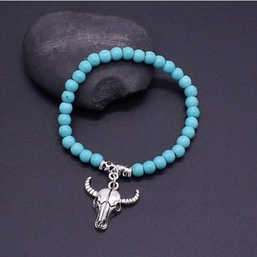 Beaded Bracelet Fashion Green Natural Stone Bull Head Vintage Lady Bracelet & Bangle Bohemian Handmade Beaded Bracelet Jewelry