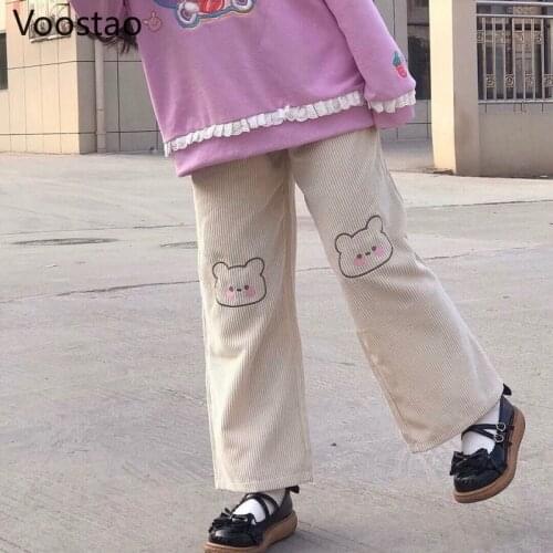 Japanese Sweet Sweatpants Women Cartoon Bear Embroidery Lolita Corduroy Straight Pants Preppy Style Girls Kawaii Loose Trousers