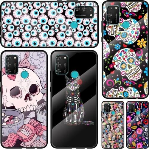 Flower Skull Cat Tempered Glass Cover For Honor 30 20 10 9X 8X Lite Pro Plus Silicone Phone Case Coque Shell