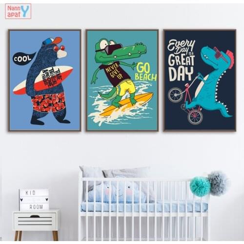 Kids Room Decor Dinosaur Bicycle Surf Bear Crocodile Quotes Wall Art Canvas Painting Nordic Posters And Prints Wall Art Pictures